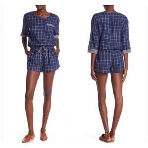 Everly Navy Blue Plaid Button Front Romper Elastic Waist Small